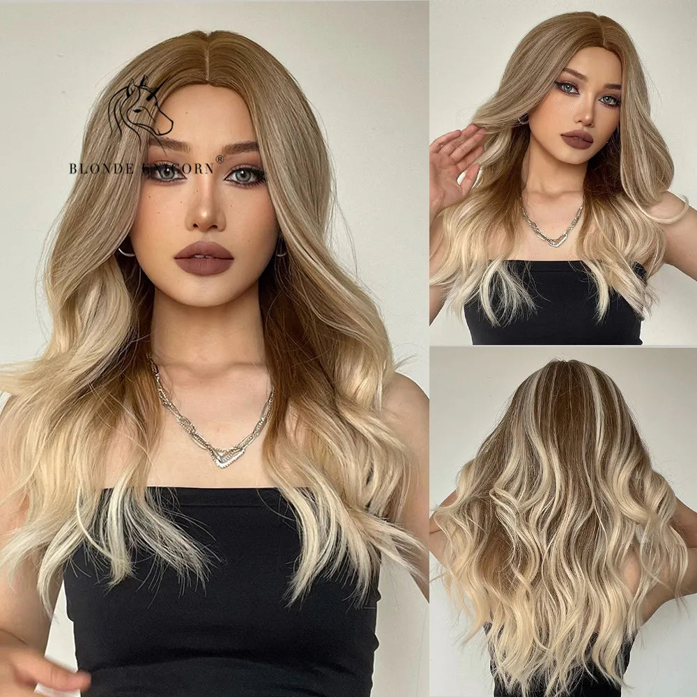 Blonde Unicorn Synthetic Wig Light Brown Blonde Long Wavy Middle Part Hair Daily Natural Wavy Heat Resistant Fiber for Women