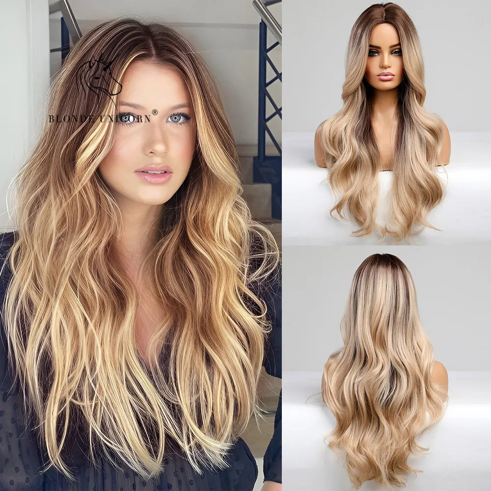 Blonde Unicorn Synthetic Wig Light Brown Blonde Long Wavy Middle Part Hair Daily Natural Wavy Heat Resistant Fiber for Women