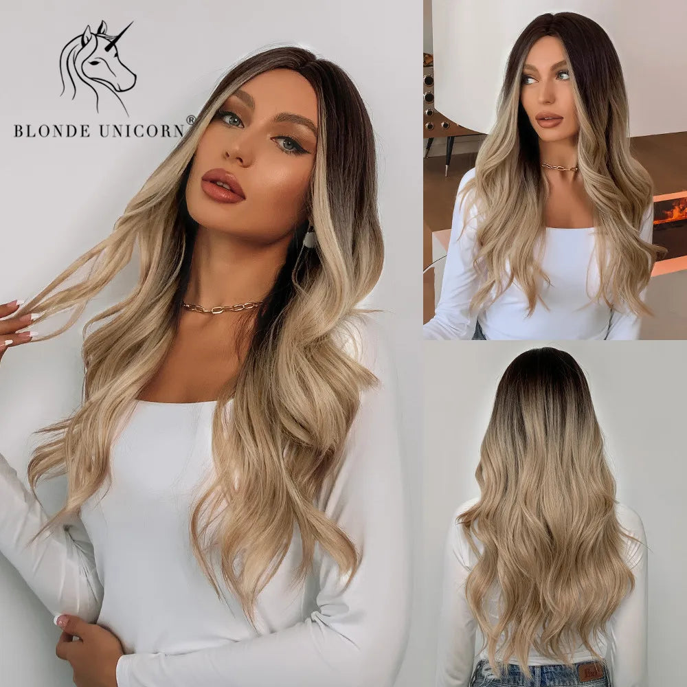 Blonde Unicorn Synthetic Wig Light Brown Blonde Long Wavy Middle Part Hair Daily Natural Wavy Heat Resistant Fiber for Women