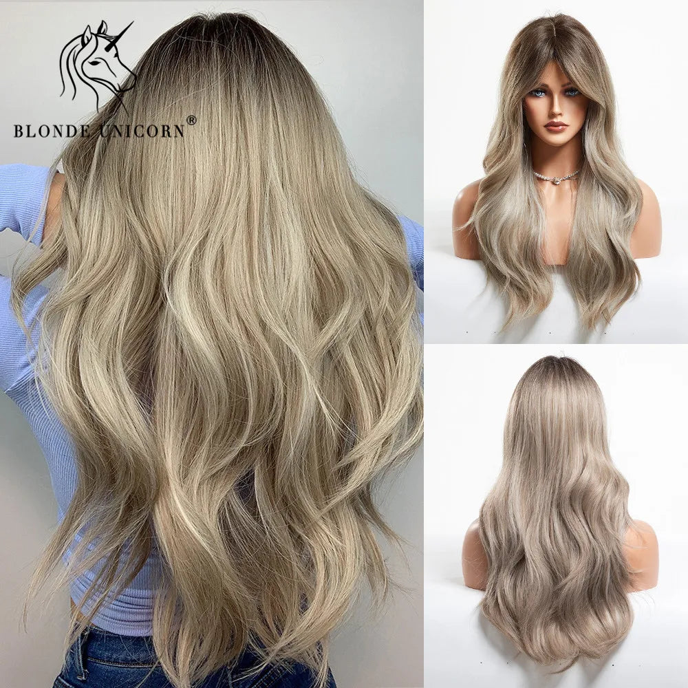 Blonde Unicorn Synthetic Wig Light Brown Blonde Long Wavy Middle Part Hair Daily Natural Wavy Heat Resistant Fiber for Women