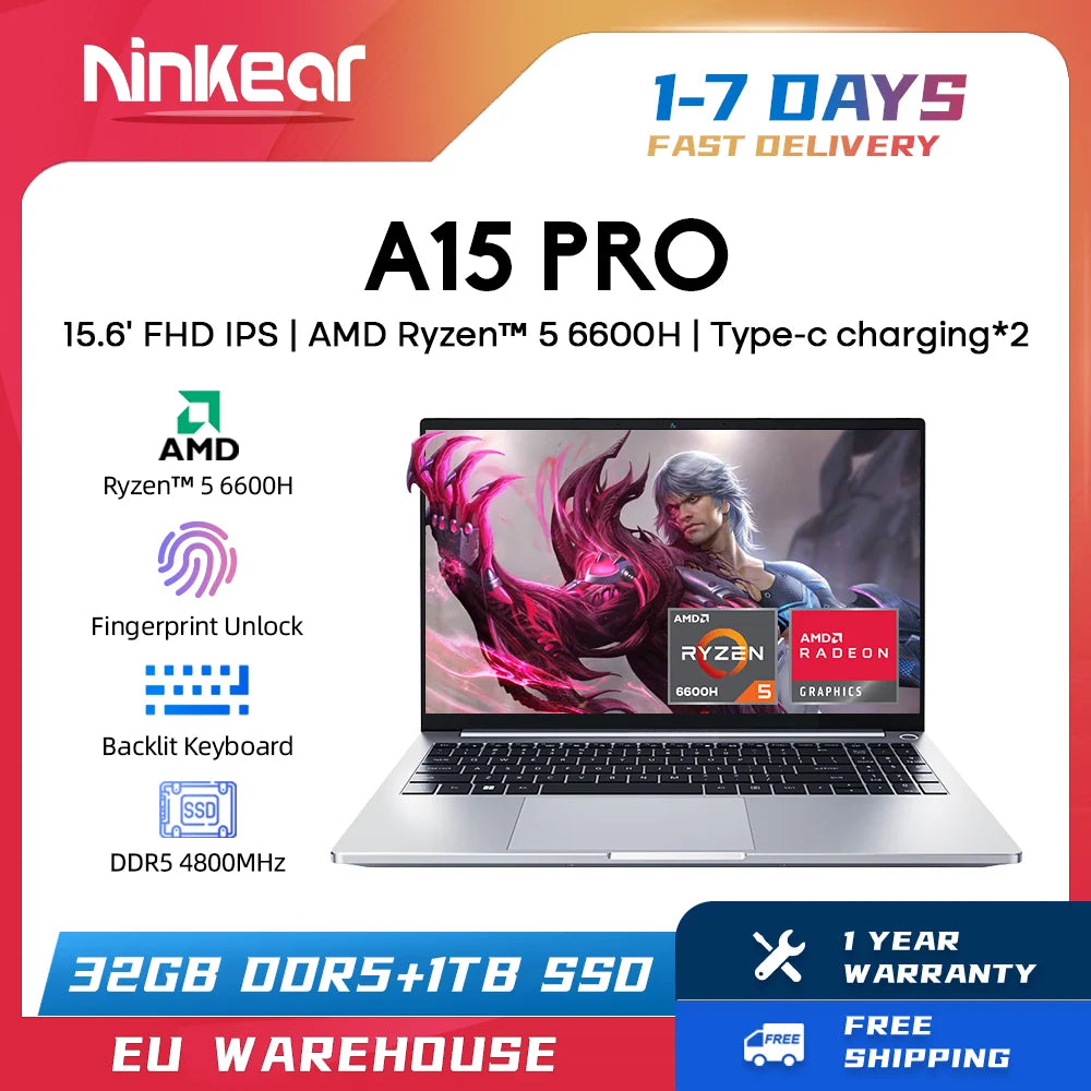 Ninkear A15 PRO Laptop AMD Ryzen™ 5 6600H up to 4.5 GHz 15.6' FHD IPS 32GB DDR5 1TB SSD WIFI6 backlit keyboard Computer