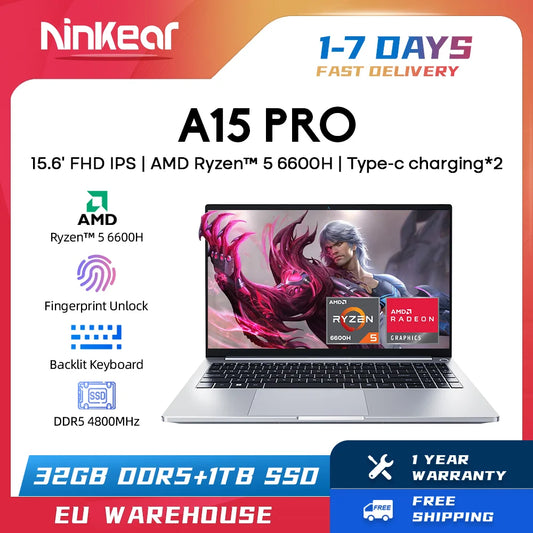 Ninkear A15 PRO Laptop AMD Ryzen™ 5 6600H up to 4.5 GHz 15.6' FHD IPS 32GB DDR5 1TB SSD WIFI6 backlit keyboard Computer