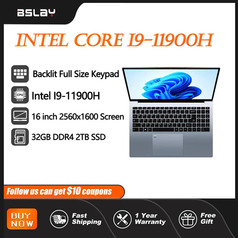 Gaming Laptop 16 Inch Intel Core I9-11900H 32 GB RAM 2TB SSD Fingerprint Unlock 8 Cores 16 Threads Wifi6 HD Camera DDR4 Computer