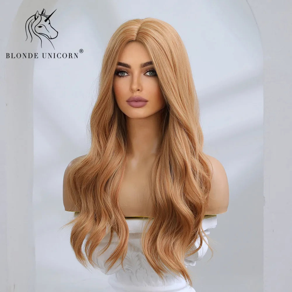 Blonde Unicorn Synthetic Wig Light Brown Blonde Long Wavy Middle Part Hair Daily Natural Wavy Heat Resistant Fiber for Women