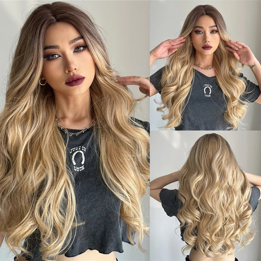 Blonde Unicorn Synthetic Wig Light Brown Blonde Long Wavy Middle Part Hair Daily Natural Wavy Heat Resistant Fiber for Women